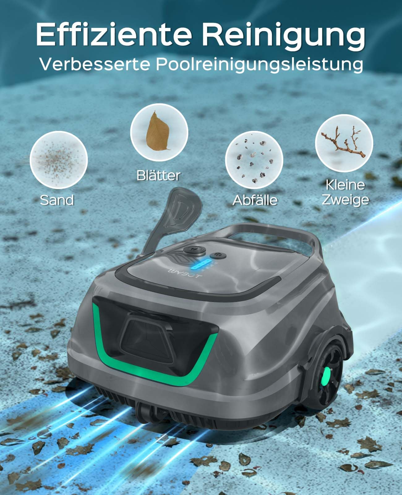 WYBOT A1 Poolroboter 2025 Upgrade - 120 Min. Laufzeit, kabellos mit Doppelfilter & Akku, für Aufstellpool bis 100m² (Hellgrau Grün)