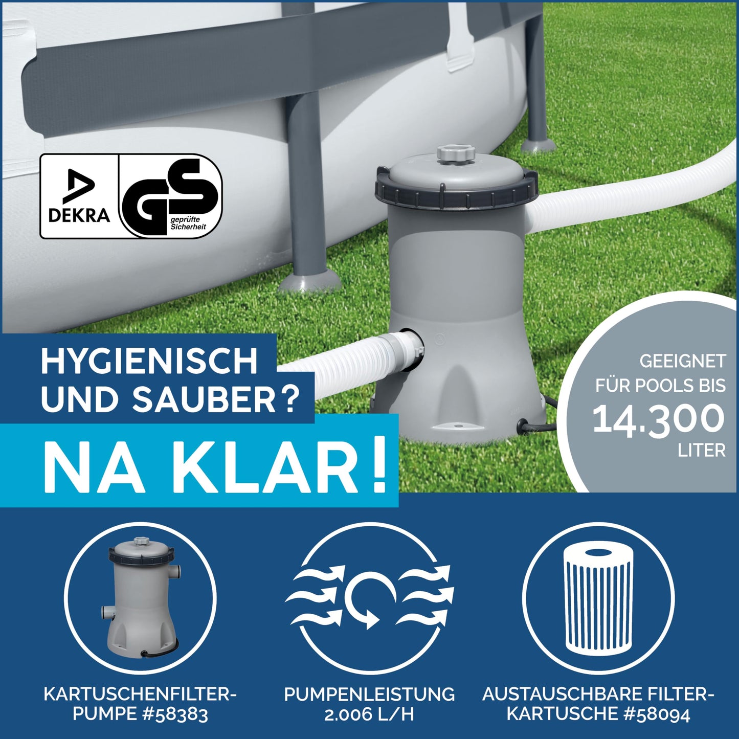 Bestway Steel Pro MAX Frame Pool Komplett-Set mit Filterpumpe Ø 366 x 122 cm, lichtgrau, rund, Grau