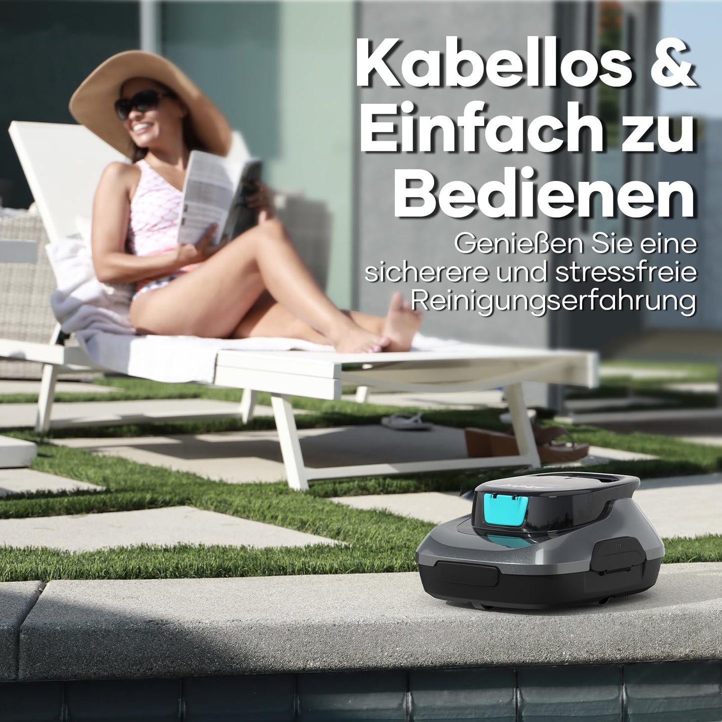 AIPER Poolroboter kabellos - 90 Min. Akku-Reinigungszeit, automatische Reinigung mit Selbsteinparkfunktion, kompakt & leicht, für flachen Boden