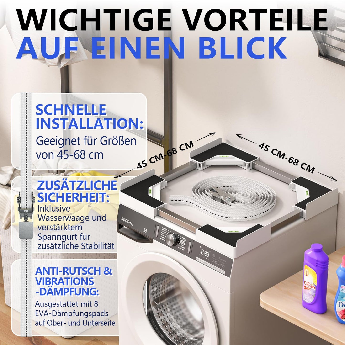 JHCHU Universal-Stapelset für Waschmaschine und Trockner – Verstellbarer Zwischenbaurahmen 45–68 cm, Ideal für Waschmaschinen-Trockner-Verbindung