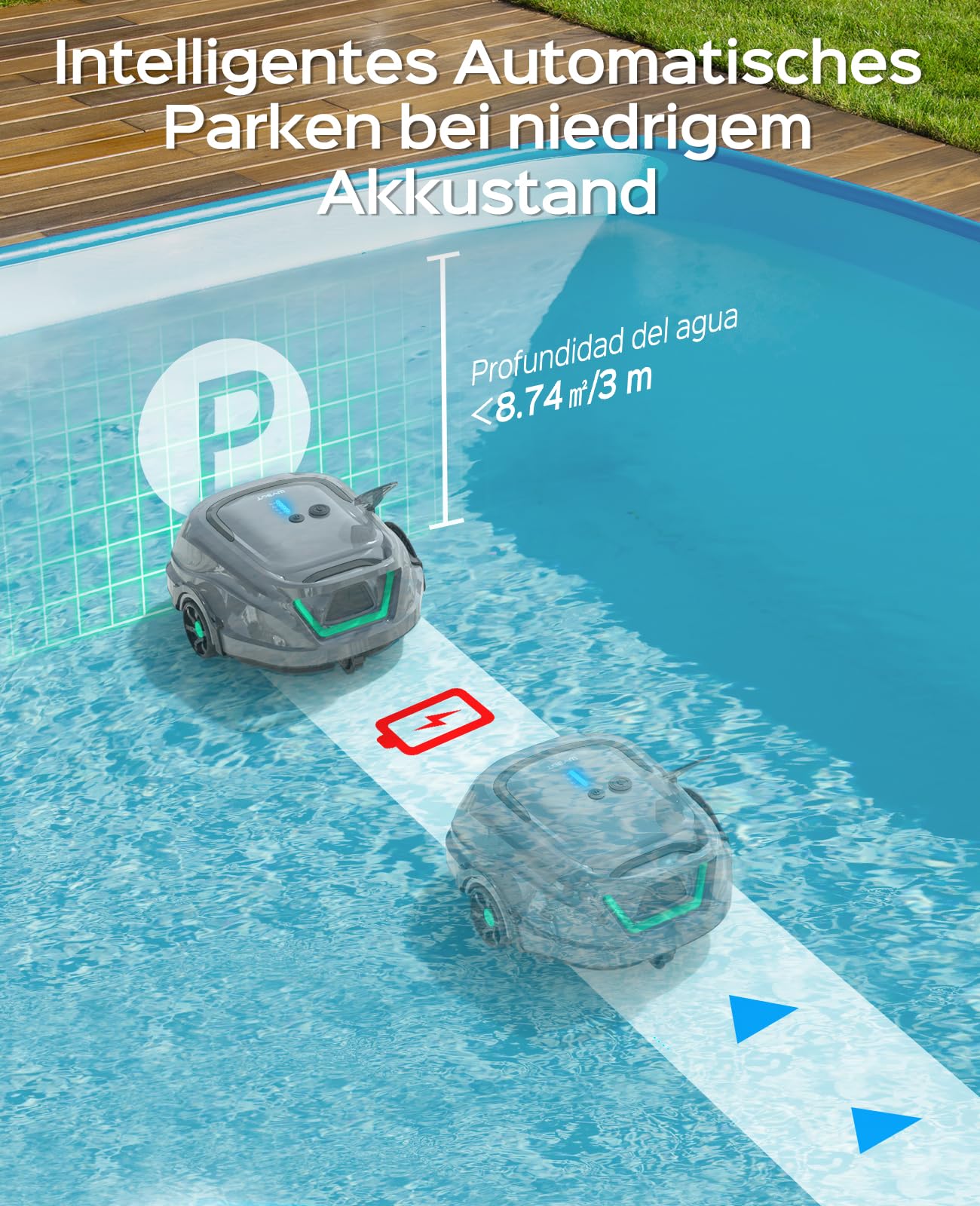 WYBOT A1 Poolroboter 2025 Upgrade - 120 Min. Laufzeit, kabellos mit Doppelfilter & Akku, für Aufstellpool bis 100m² (Hellgrau Grün)