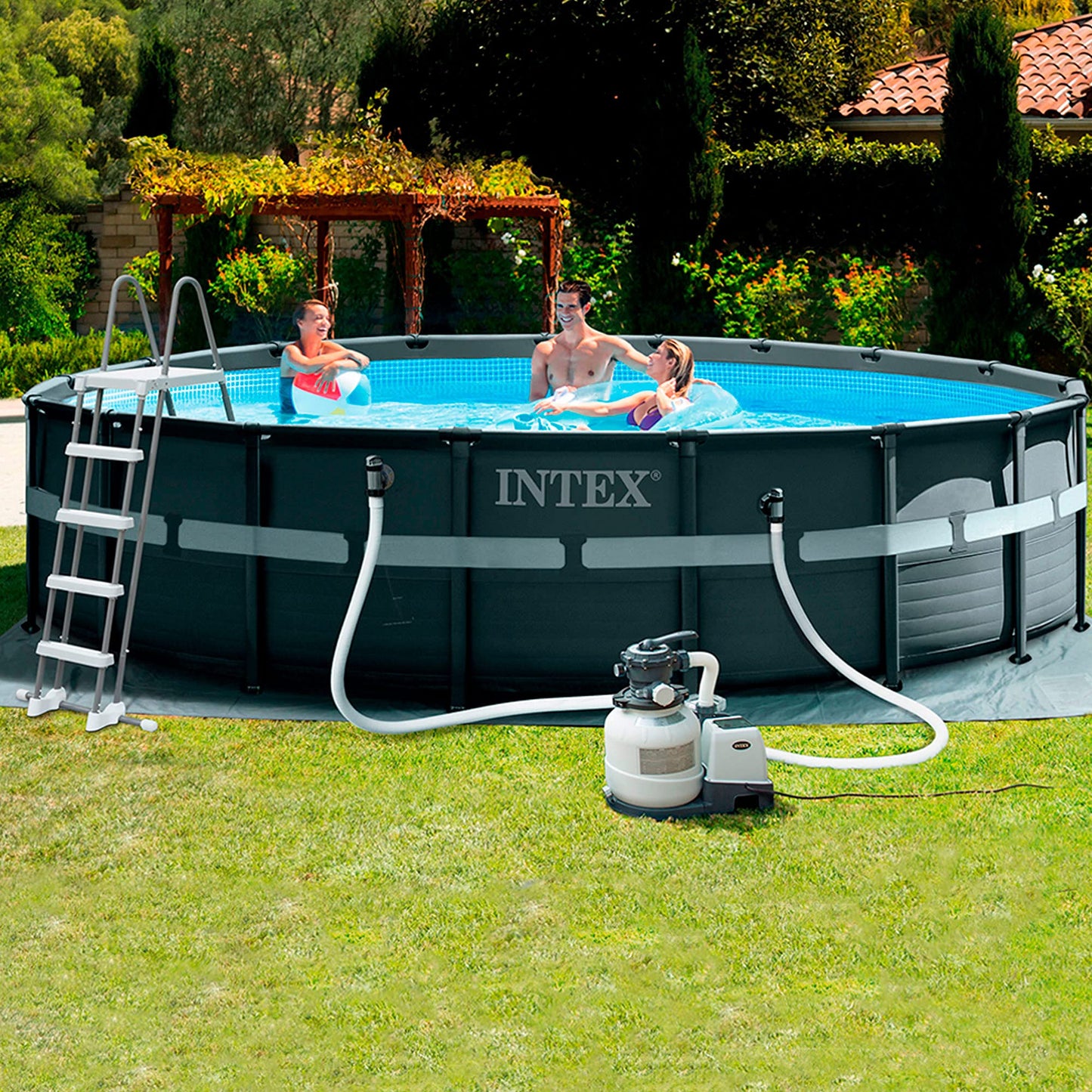 Intex Ultra Rondo XTR Frame Pool Set Ø 549 x 132 cm - Sandfilteranlage, Abdeckplane, Bodenschutzplane, Sicherheitsleiter, GS, Blau