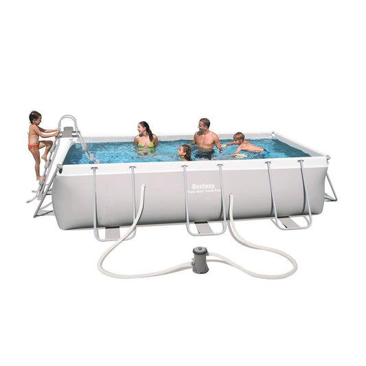 Bestway Frame Pool Power Steel, Set, hellgrau, rechteckig mit Filterpumpe, 404 x 201 x 100 cm, grau