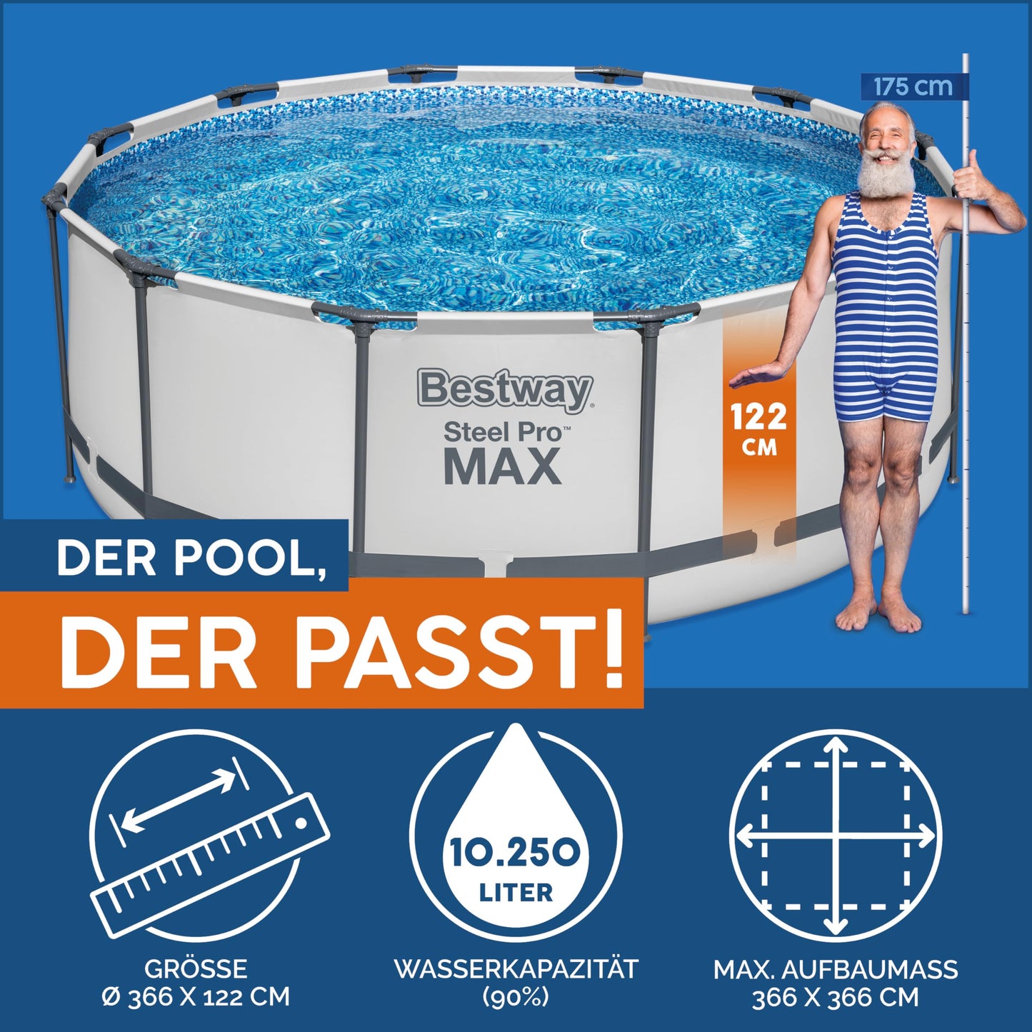 Bestway Steel Pro MAX Frame Pool Komplett-Set mit Filterpumpe Ø 366 x 122 cm, lichtgrau, rund, Grau
