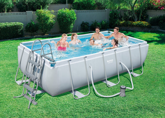 Bestway Frame Pool Power Steel, Set, hellgrau, rechteckig mit Filterpumpe, 404 x 201 x 100 cm, grau